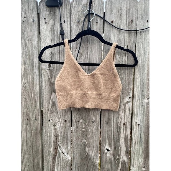 SHEIN Tops - SHEIN Women Tan Knit V-Neck Bralette Crop Top Small Camel Fuzzy Ribbed Hem